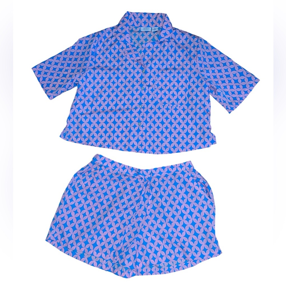 Sigrid Olsen Sleepwear Set Blue Pink Geometric Short Sleeve Button Up & Shorts S